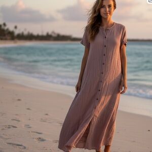 The Frock NYC 100% Cotton Gauze Crinkle Dusty Rose Maxi Boheme Shirt Dress Sm